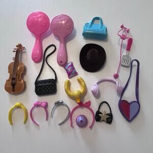 Bundle of Barbie Fashion Doll Accessories Headbands handbags Violin Cowboy Hat